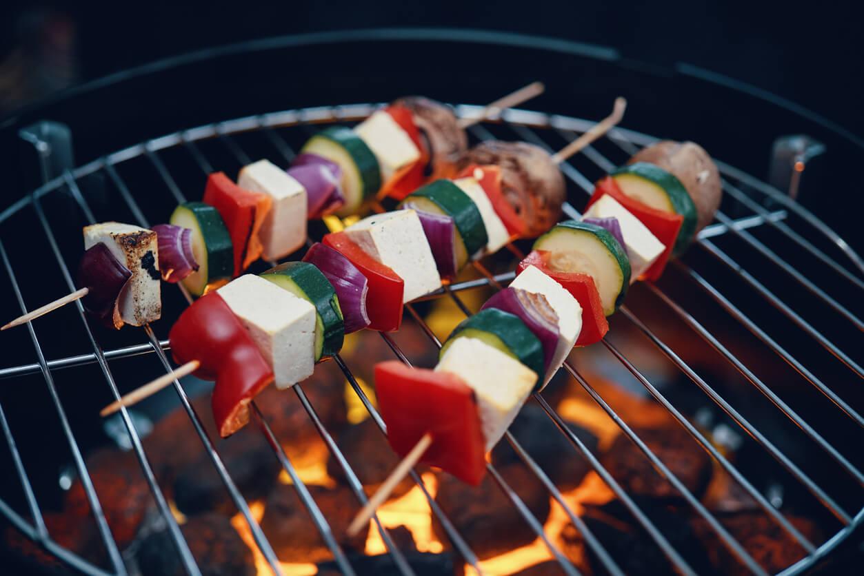 roasting vegan skewers with tofu bell pepper zucchini and onions